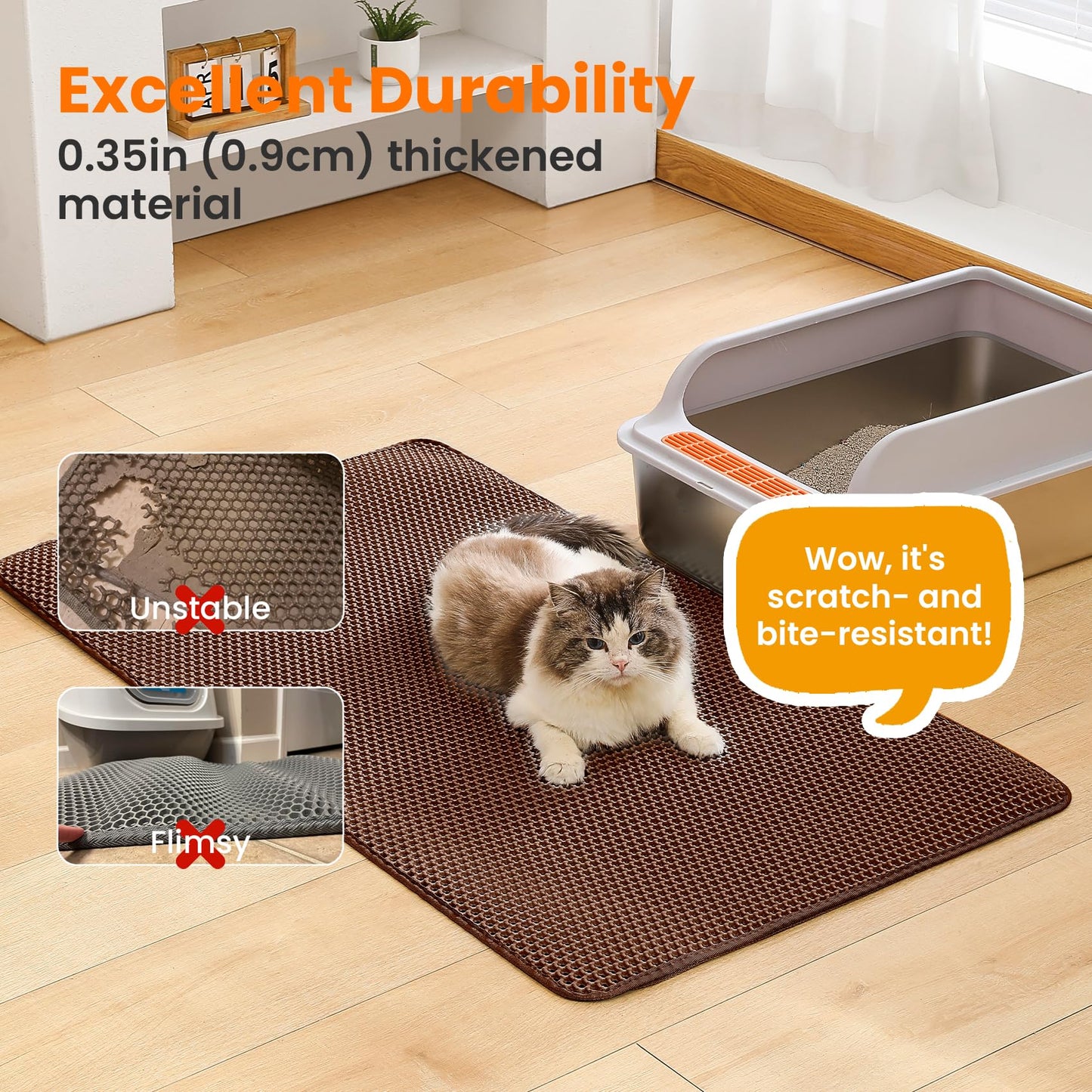 Petinstinct Jumbo Cat Litter Mat, 46x26 Inches Double Layer Honeycomb Litter Trapping Mat, Non Slip Waterproof Urine Proof Extra Large Cat Litter Box Mat, Kitten Supplies and Essentials, XXL, Brown
