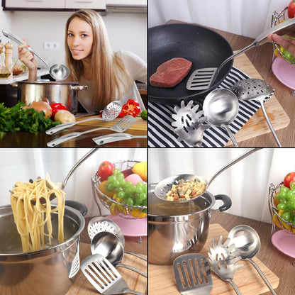 5 Pcs Newness Cooking Utensils Set, 304 Stainless Steel Kitchen Utensils Set, Metal Kitchen Accessories, Include Soup Ladle, Slotted Skimmer Spoon, Spaghetti Spoon and Spatula, Dishwasher Safe