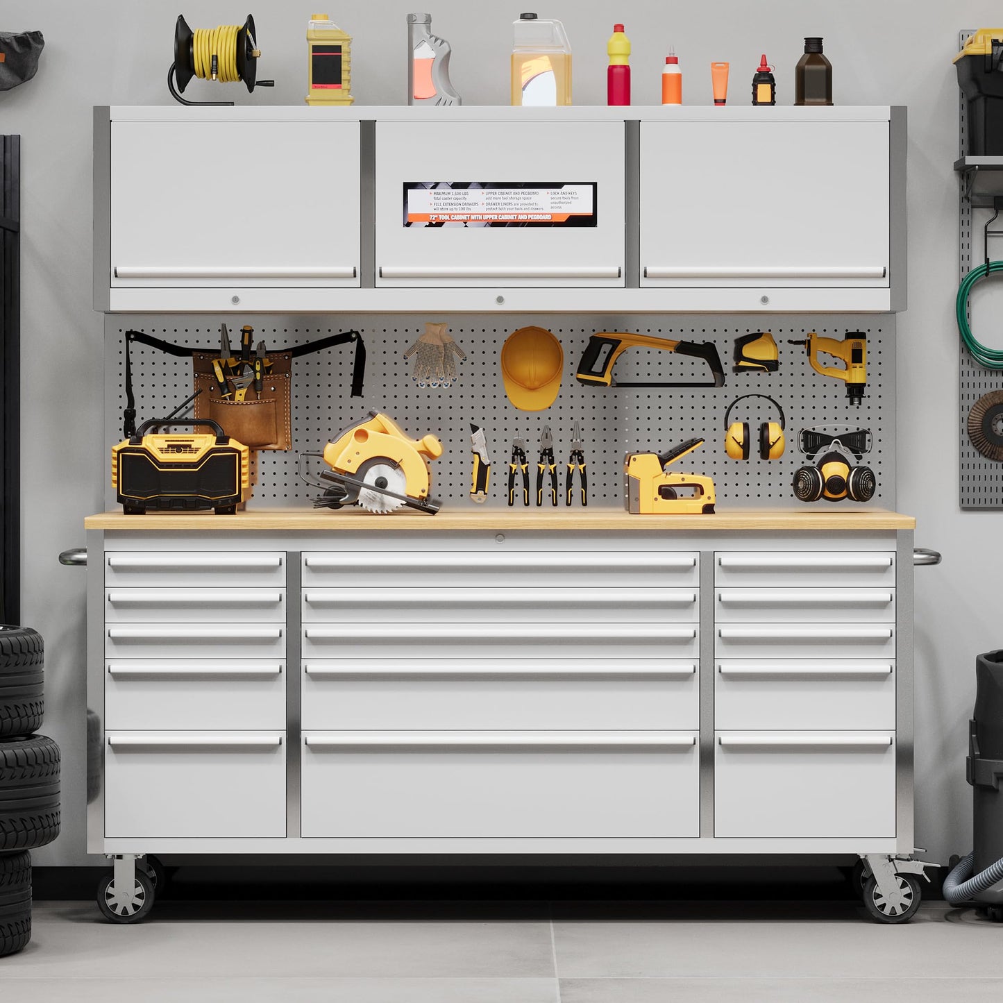 EliteEdge 72" Heavy-Duty Rolling Tool Chest & Workbench | 15-Drawer Mobile Tool Cabinet with 3 Top Lockers, Lockable Wheels & Key Lock | for Professional Garage & Workshop Storage