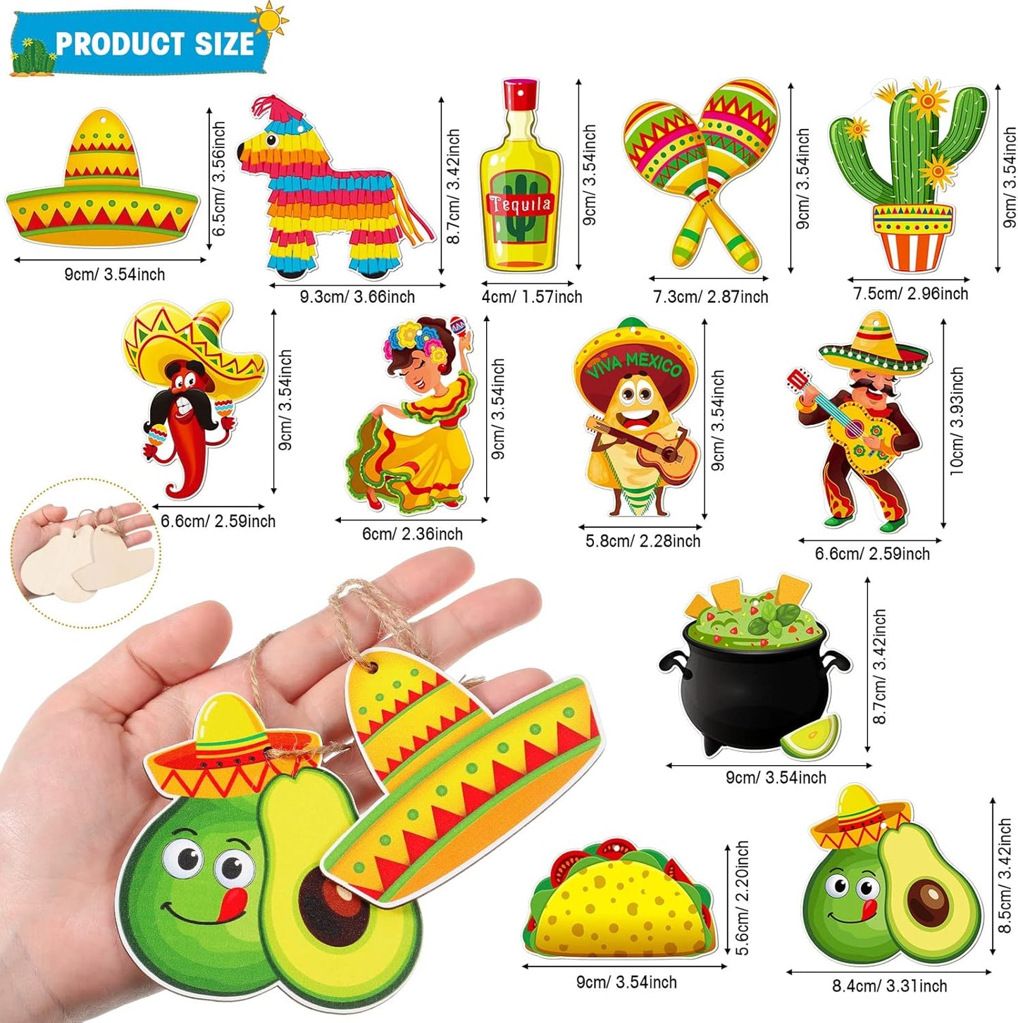 Blulu 24 Pieces Wooden Mexican Ornaments, Christmas Tree Decor for Taco, Cinco De Mayo, Piñata Sign