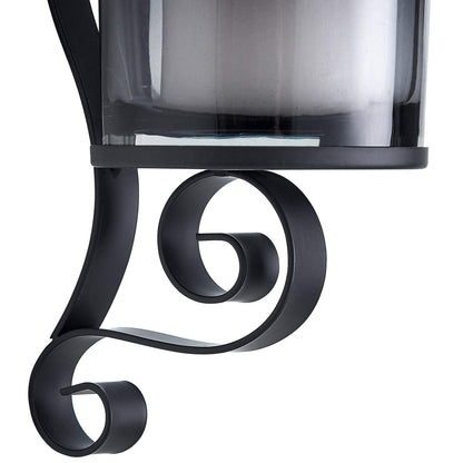 Danya B. 14.5" Vintage Black Wall Sconce Candle Holder Set of 2 with Smoke Glass Hurricanes and Iron Metal Frames, Rustic Style, for Standard Pillar or Flame-Less LED Candles