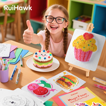 RuiHawk 3D Magic Foam Texture Painting Kit, 75 Pcs Puff Paint Art Supplies with 24 Auto-Flow Markers, 38 Texture Sheets & 10 Bead Necklace, Non-Toxic Creative Puffy Paint Gift for Boys Girls Ages 4-12