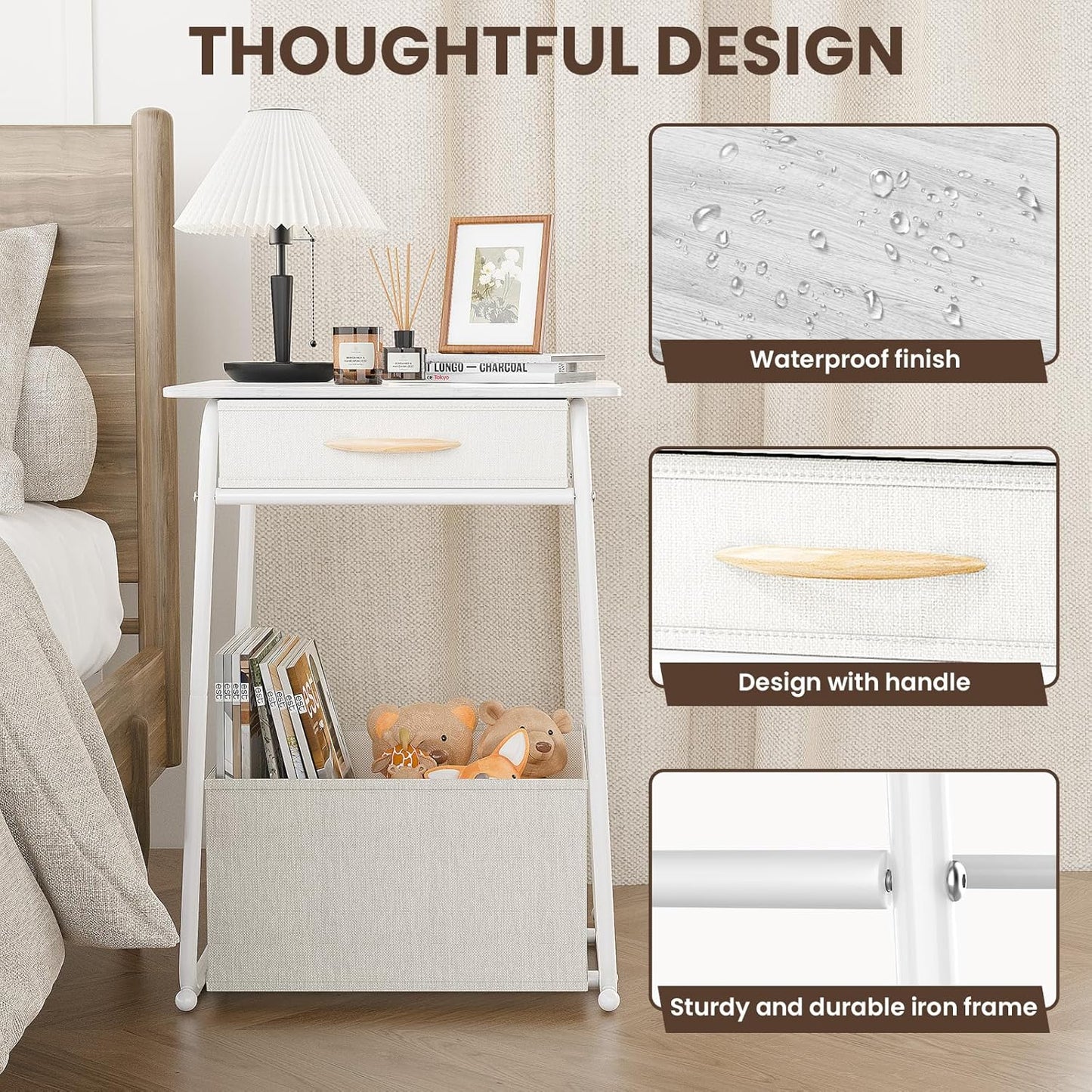 3-Tier Olldide Bedside Table with Storage, Modern Square Nightstand with Fabric Storage Basket & Drawers