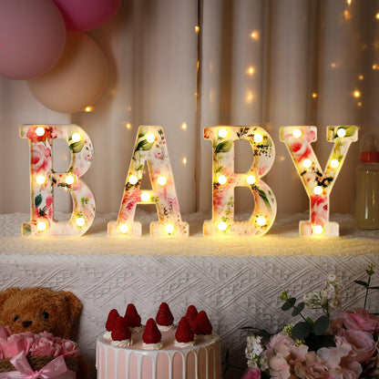 Realspring Woodland Greenery Centerpieces Baby Marquee Light up Sign Letters 8.15'' Baby Shower Letter Battery Operated Gender Reveal Birthday Party Decor for Home Table(Pink)