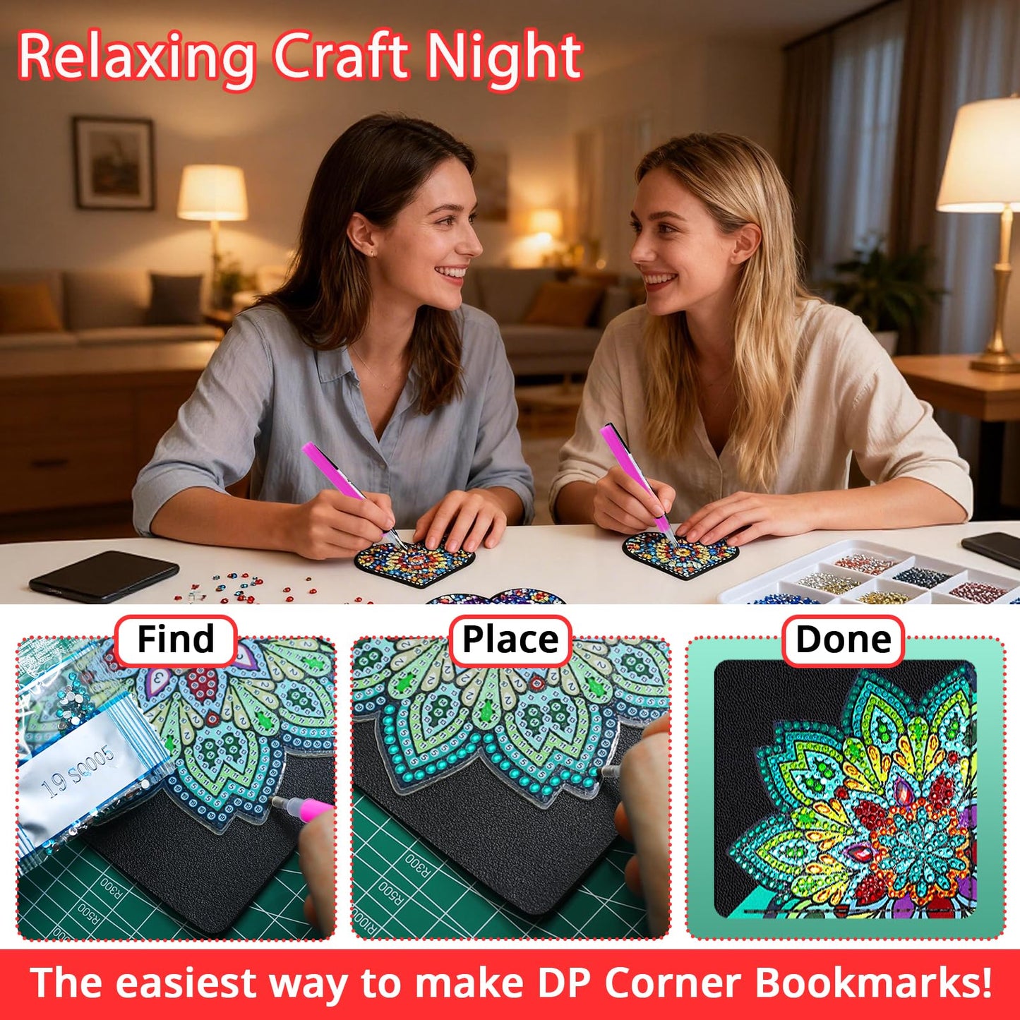 Diamond Painting Bookmark Bead Art Leather Book Mark Craft Making Kit for Adults Night Rhinestone Craft Party DIY Bedazzling Art Bookmark Paint by Gem Dots Crafts Mother’s Day Women Gift (Black Heart)