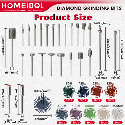 51Pcs Diamond Bits for Dremel Tool Accessories, HOMEIDOL Polishing Kits, 1" Radial Bristle Disc with 3/32", 1/8" Shank Rotary Tool Bits Diamond Grinding Bits for Stone Ceramics Metal Sanding