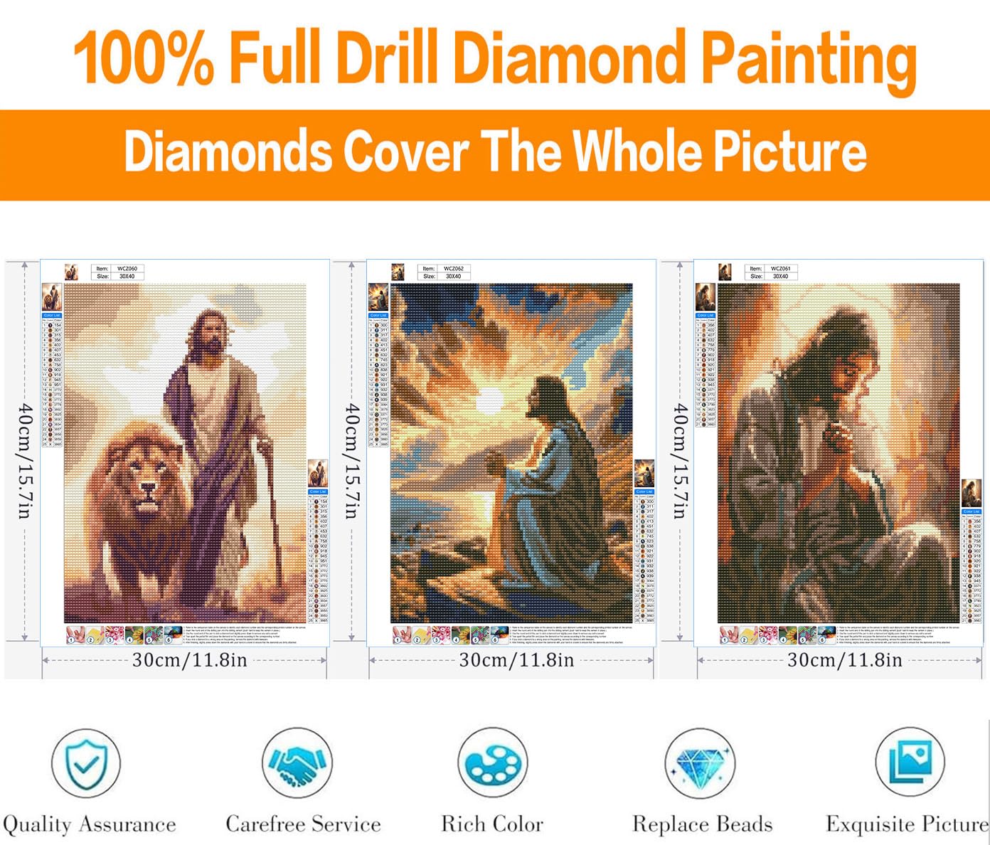 3 Pack Diamond Art Kits for Adults, Jesus Diamond Painting Kits for Adults, 5D DIY Round Drill Gem Art Paint with Diamonds Dots Crafts Kits for Home Decor Gift 12x16inch (Religion Christ)
