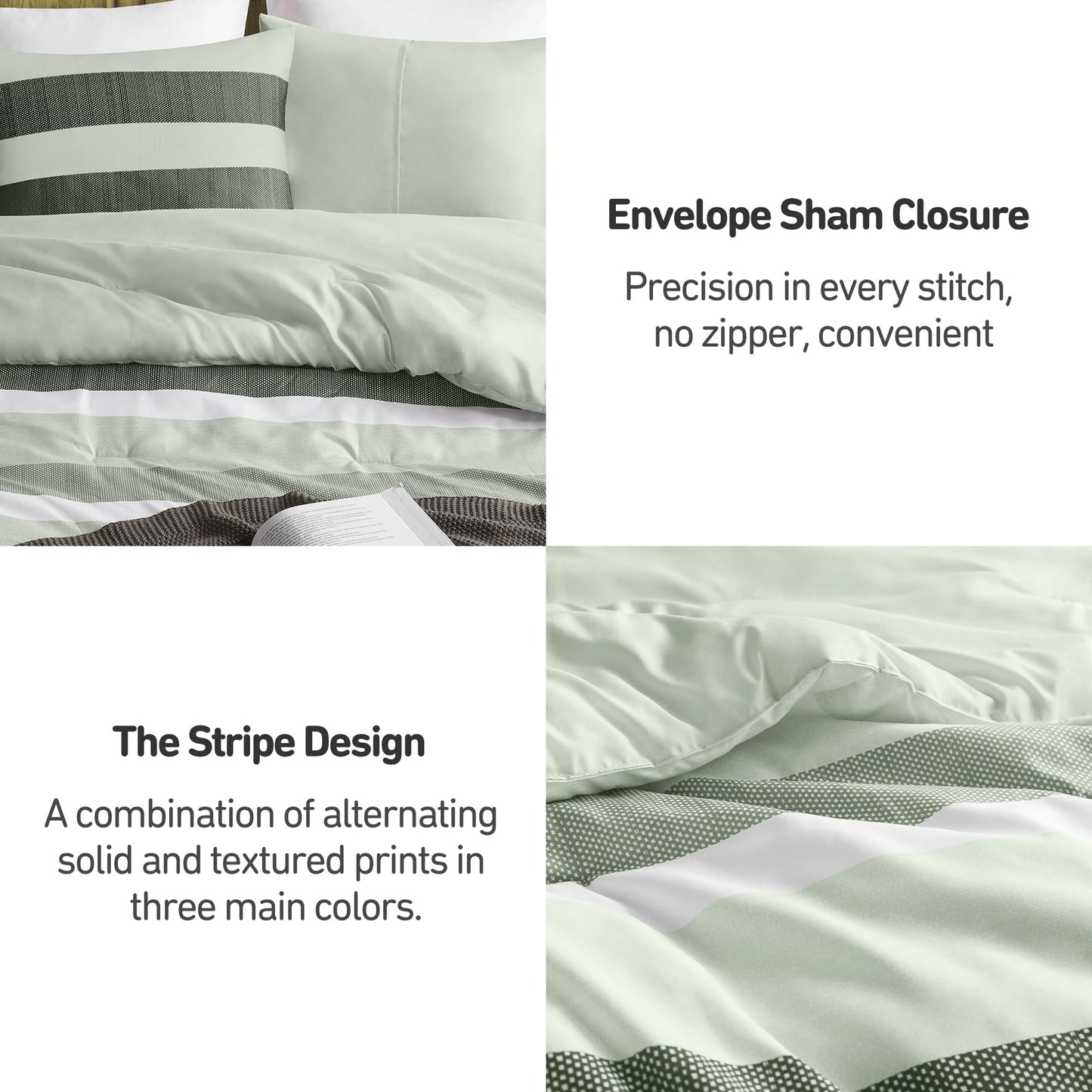Regency Heights Full/Queen Size Comforter Set Sage Green - 3 Pieces Modern Striped Quilt Bedding for Dorm All Season Soft Lightweight Reversible Bed Set with Comforter & Shams