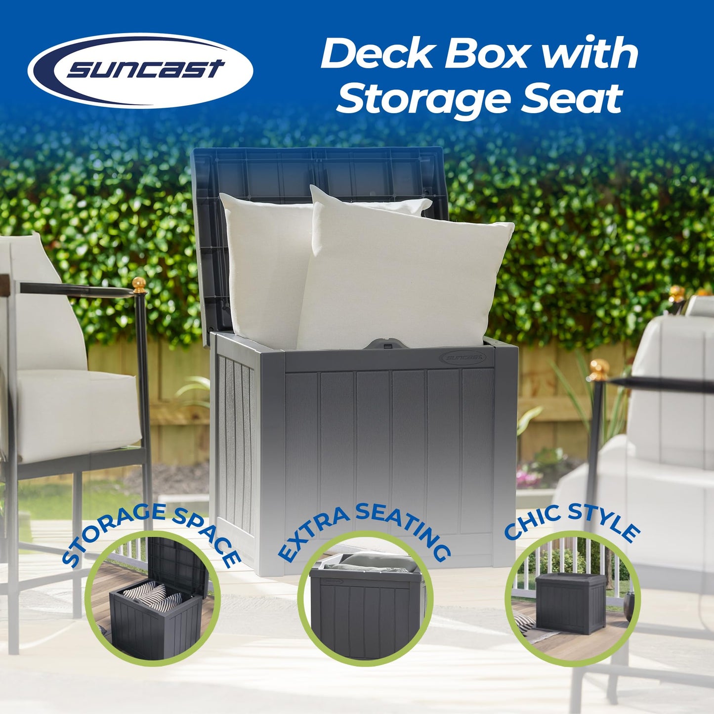 Suncast 4 Pack Small Deck Box Storage w/Bench Seat for Indoor & Outdoor Use, 22 Gal., Cyberspace