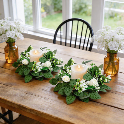 10PCS Wedding Rose Candle Rings Artificial Floral Eucalyptus Leaves Wreaths Faux Candle Rings Summer Greenery Candleholders Garland Pillar Holder for Bridal Shower Bachelorette Party Table Decor