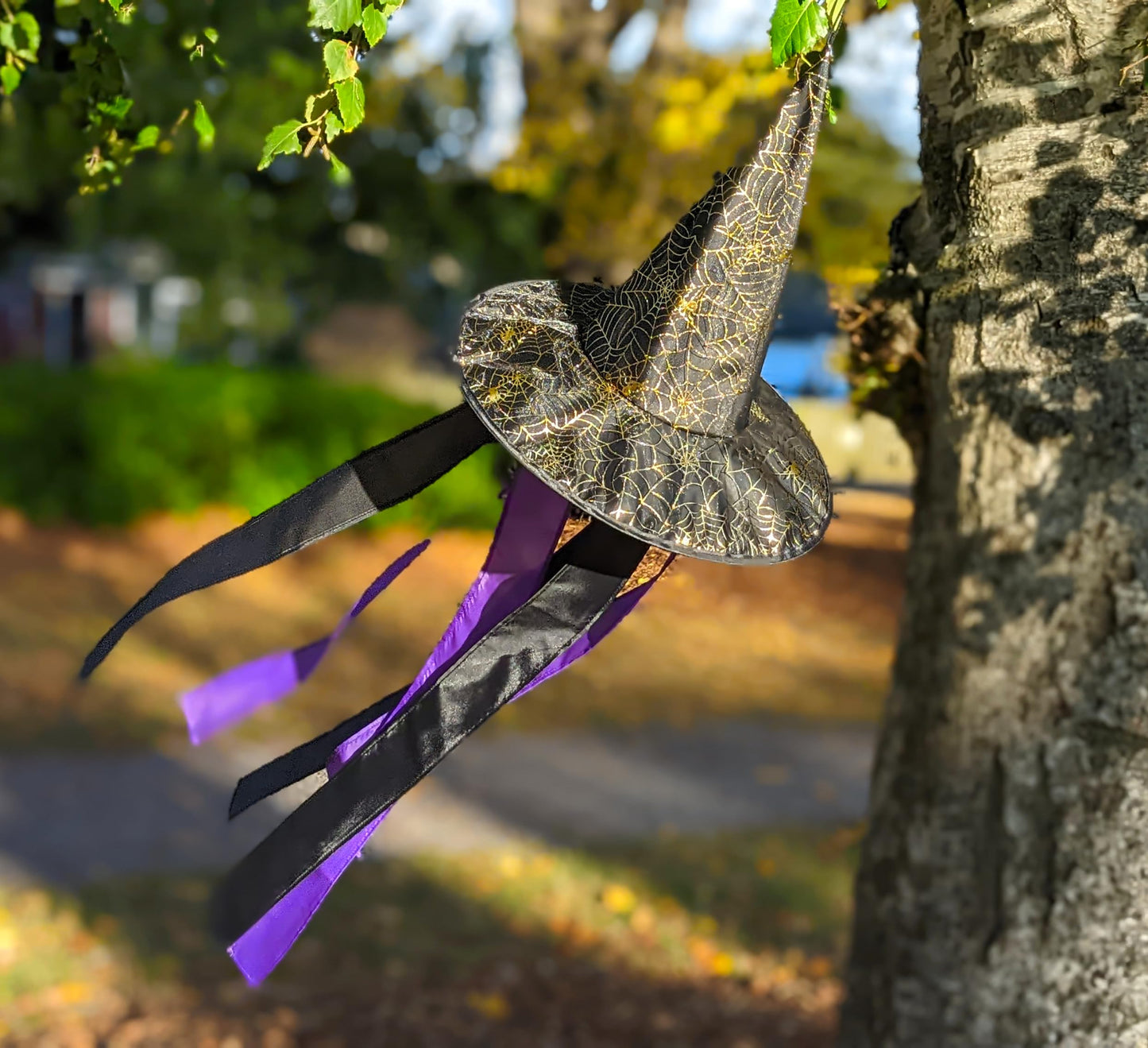 Madrona Brands Halloween Spider Web Witch Hat Windsock | Durable Outdoor Hanging Wind Decoration | Yard, Patio, Lawn | 48 Inch