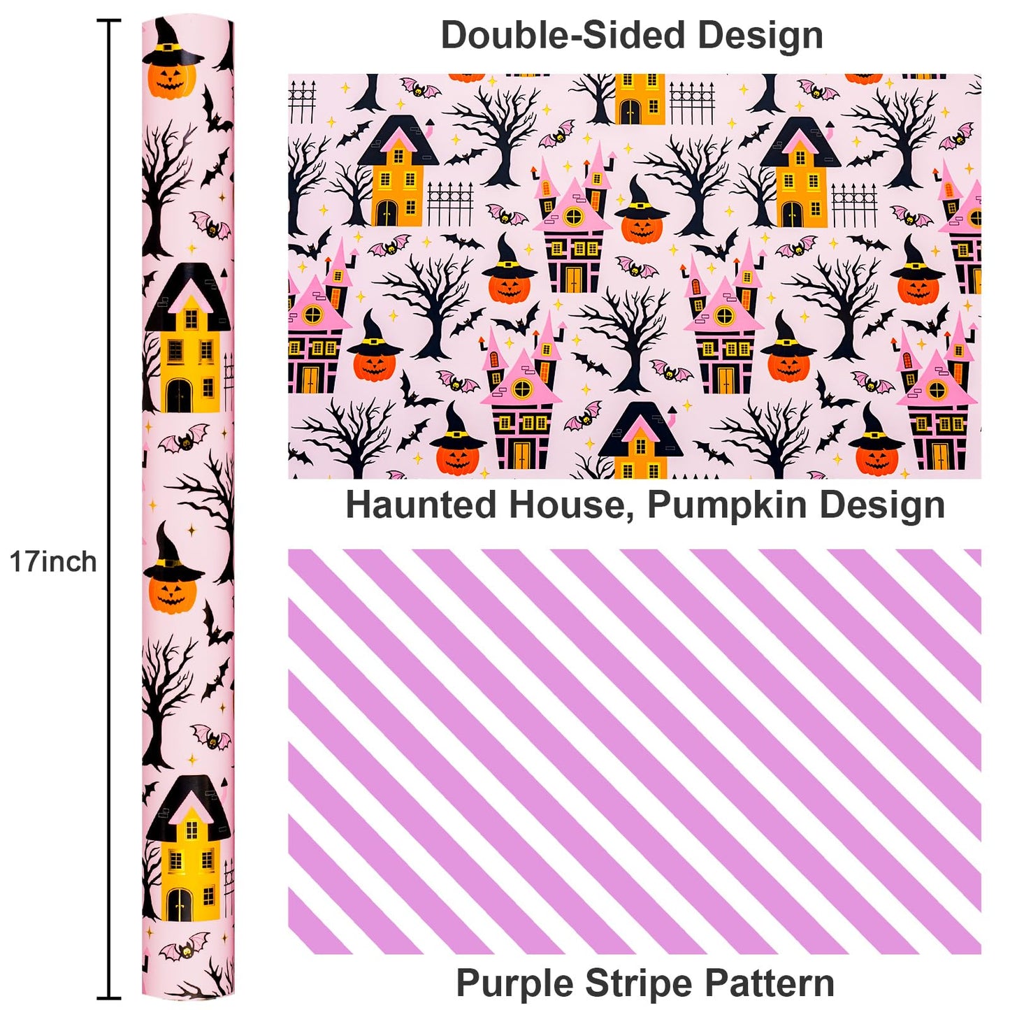 MAYPLUSS Halloween Wrapping Paper Roll, Vintage Haunted Mansion Wrapping Paper, Pink Haunted House, Pumpkin & Bat Design Halloween Day Gift Wrap for October,Holiday,Christmas Nightmare (17In X 33Ft)