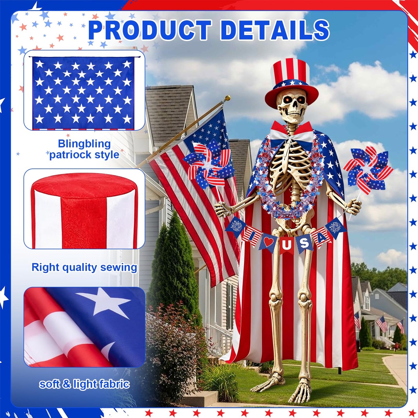 8 Pcs 4th of July 12 Ft Skeleton Costume Set Skeleton Clothes Accessories Independence Day Hat Tie Garland American Flag Cape Banner Pinwheels for 250th Anniversary Patriotic Garden Lawn Outdoor Decor
