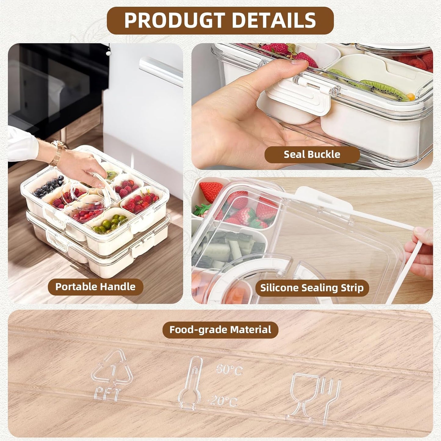 Snackle Box Charcuterie Container - Divided Serving Tray with Lid and Handle, 8 Compartment Portable Snack Box