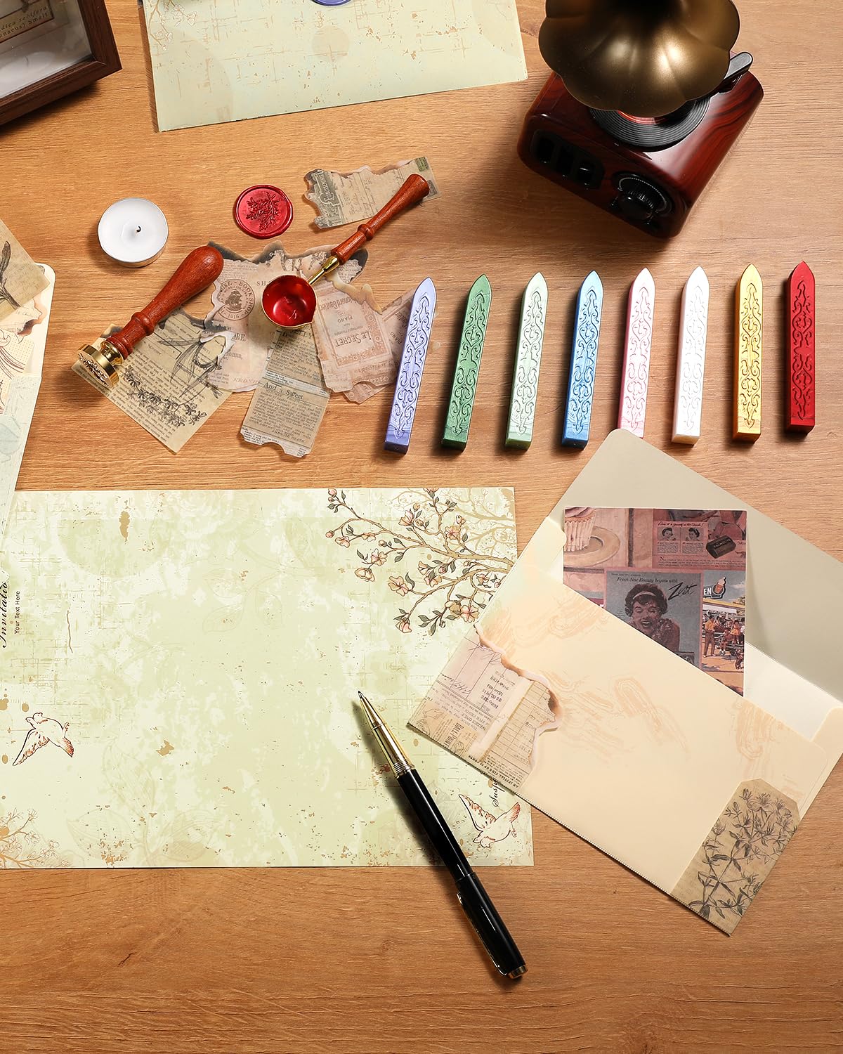 Comealltime 73Pcs Vintage Paper and Envelopes Set, 30 Stationary Letter and Envelopes, 8 Wax Seal Sticks, Wax Spoon, Rosemary Stamp and 2 Tea Candles for Wedding Party Invitation Love Xmas Letter
