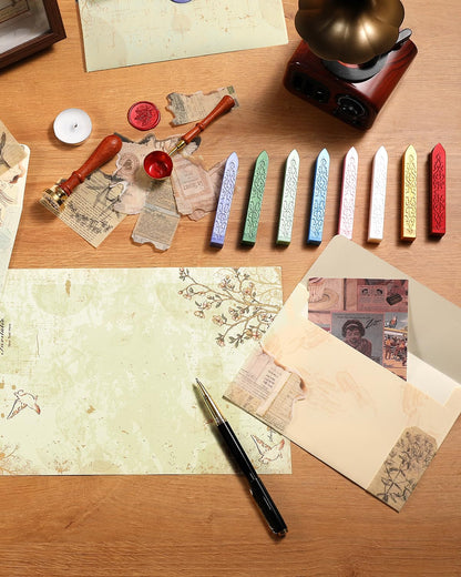 Comealltime 73Pcs Vintage Paper and Envelopes Set, 30 Stationary Letter and Envelopes, 8 Wax Seal Sticks, Wax Spoon, Rosemary Stamp and 2 Tea Candles for Wedding Party Invitation Love Xmas Letter