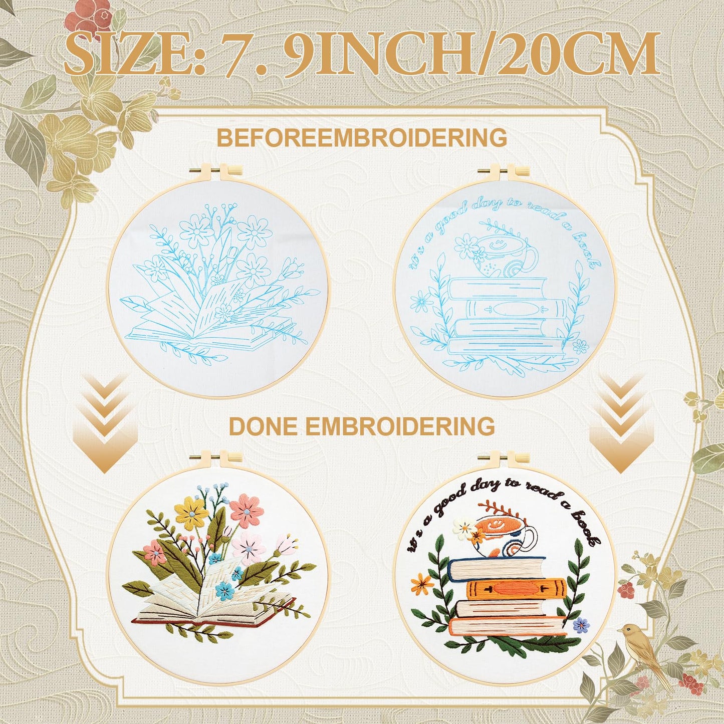 ElasignShopo 4 Set Book Embroidery Kit for Beginners Adults Book Lovers Embroidery Starter Kit Books Flowers Pattern Hand Crewel Cross Stitch Kits Includes Instruction 2 Hoops Color Threads Needles