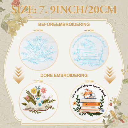 ElasignShopo 4 Set Book Embroidery Kit for Beginners Adults Book Lovers Embroidery Starter Kit Books Flowers Pattern Hand Crewel Cross Stitch Kits Includes Instruction 2 Hoops Color Threads Needles