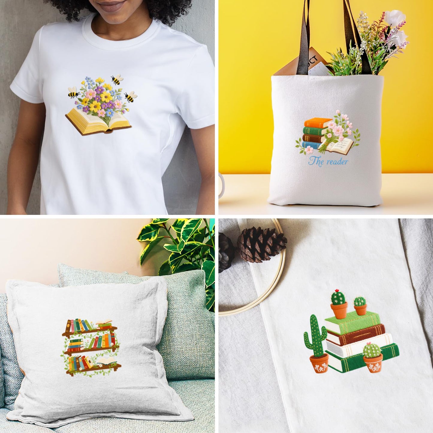 INFUNLY 6 PCS Book and Flower Embroidery Kits for Beginners DIY Cross Stitch Starter Sets for Adults with Instructions Book Cacti Pattern Birds Needlepoint Kits with Embroidery Cloth Hoops Tools