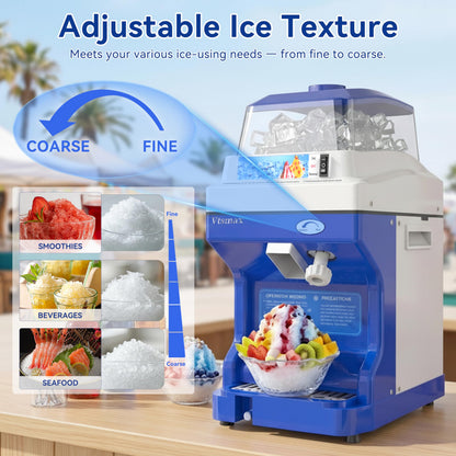 Vtsmax Electric Ice Shaver Machine, 300W Shaved Ice Machine, Thickness Adjustable Snow Cone Maker Machine 661LBs/hr Ice Crusher for Bar Parties Events Snack, Home and Commerical Use Blue(5.8Qt)