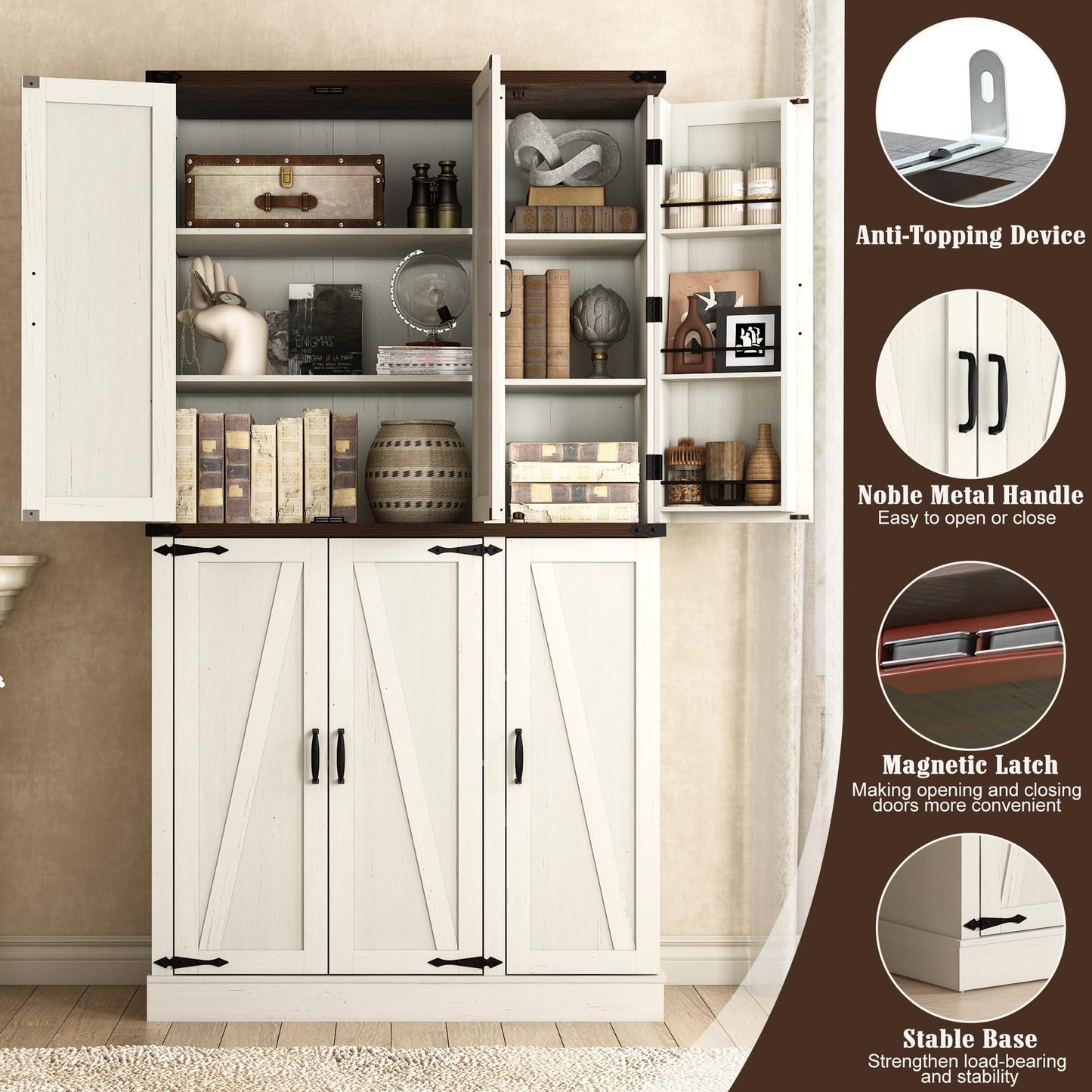 Hlivelood 71" Tall Kitchen Pantry,Farmhouse Storage Cabinet with Barn Doors,Organizer,Rustic Wood Cupboard,Farmhouse Pantry Cabinet for Kitchen,Dining Room,Living Room(Rustic White)