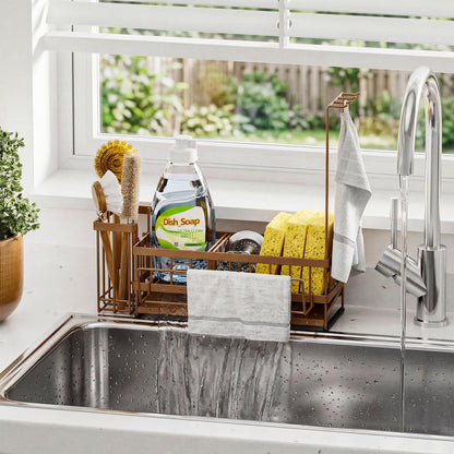 Sponge Holder for Kitchen Sink – Rustproof Stainless Steel with Detachable Drainboard, Brush Rack & Towel Bar | Compact, Non-Slip Design for Countertop Bathroom
