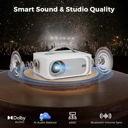 [AI Movin 2.0 System/1200 ANSI/Auto Focus] Projector with WiFi and Bluetooth, Outdoor-Projector 30W DoIby Audio APPS Built-in, Lisowod 1080P Smart Portable 4K Proyector with HDR10+ 2025 Upgraded
