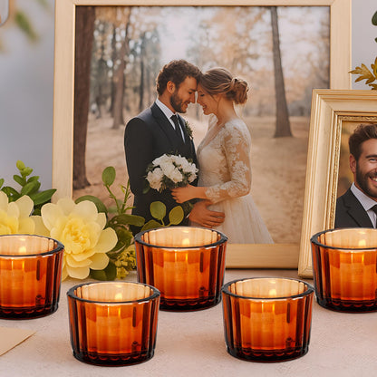 Mumufy 100 Pcs Glass Tealight Candle Holder Ribbed Votive Candle Holder for Centerpiece Wedding Proposal Spa Aromatherapy Meditation Home Decor (Amber)