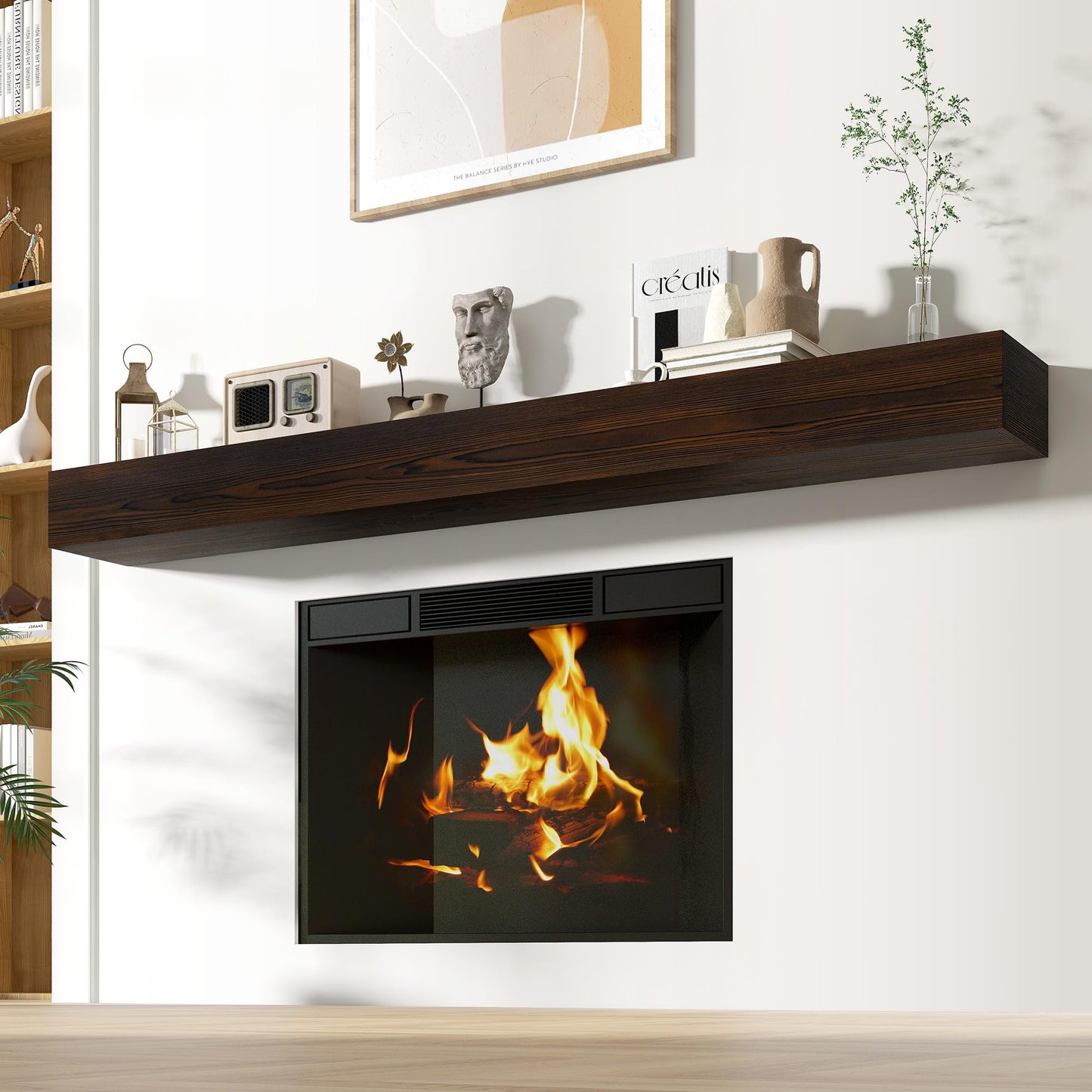 Acovy Floating Fireplace Mantel Shelves, 84x8x5 Inches Natural Wooden Floating Shelf for Over Fireplace, Wall-Mounted Mantel Shelf for Living Room and Home Decor, Rustic Brown