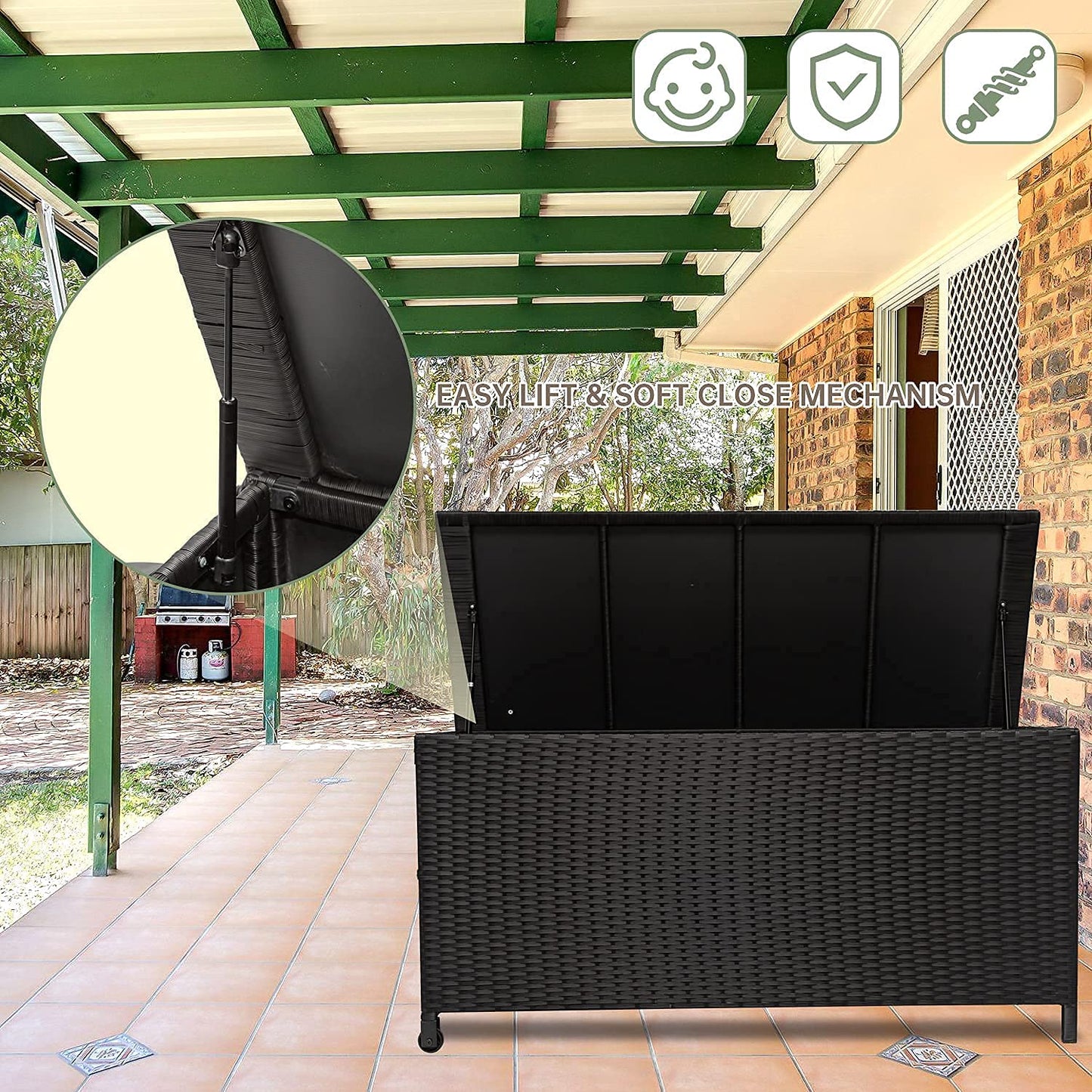 Outdoor Wicker Storage Box, Rattan Woven Bin Deck Box, Large Capacity Water-resistant Container for Patio Garden Tools, Pool Toys, Pillows, Cushions (Black)