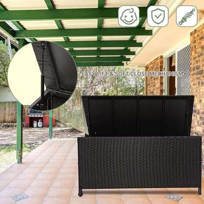 Outdoor Wicker Storage Box, Rattan Woven Bin Deck Box, Large Capacity Water-resistant Container for Patio Garden Tools, Pool Toys, Pillows, Cushions (Black)
