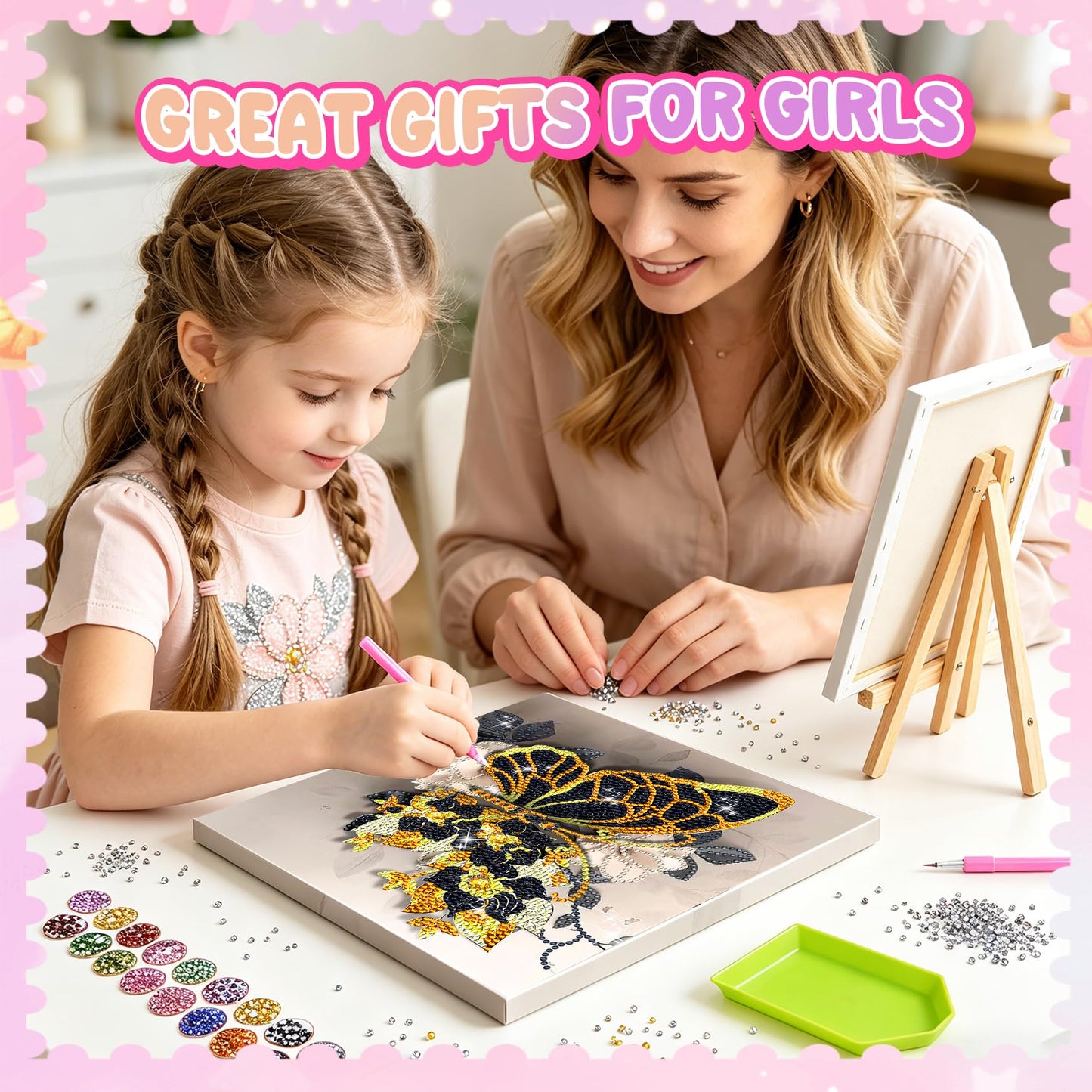 SJTYDX 5D Diamond Art Butterfly Kit with Frame, Flower Diamond Painting for Adults Beginners, DIY Gem Painting Craft with Easel, Diamond Paint Kit for Home Decor & Unique Gift, 7.8x7.8 Inc