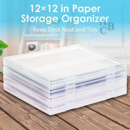 CraftGenes 12x12 Scrapbook Paper Storage, 4 Pack Stackable Paper Containers Storage, Art Supply Storage Organizer, U-Shaped Locking Mechanism, Ideal for Office, Home, and School Document Organizer