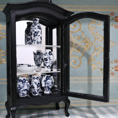 Miniature Furniture Display Shelf 1:12 Wooden Cabinet with Mirror & Three Shelves Bookshelf Dollhouse Display Stand Decoration Accessories Mini Diningroom Scene Ornaments (Black)