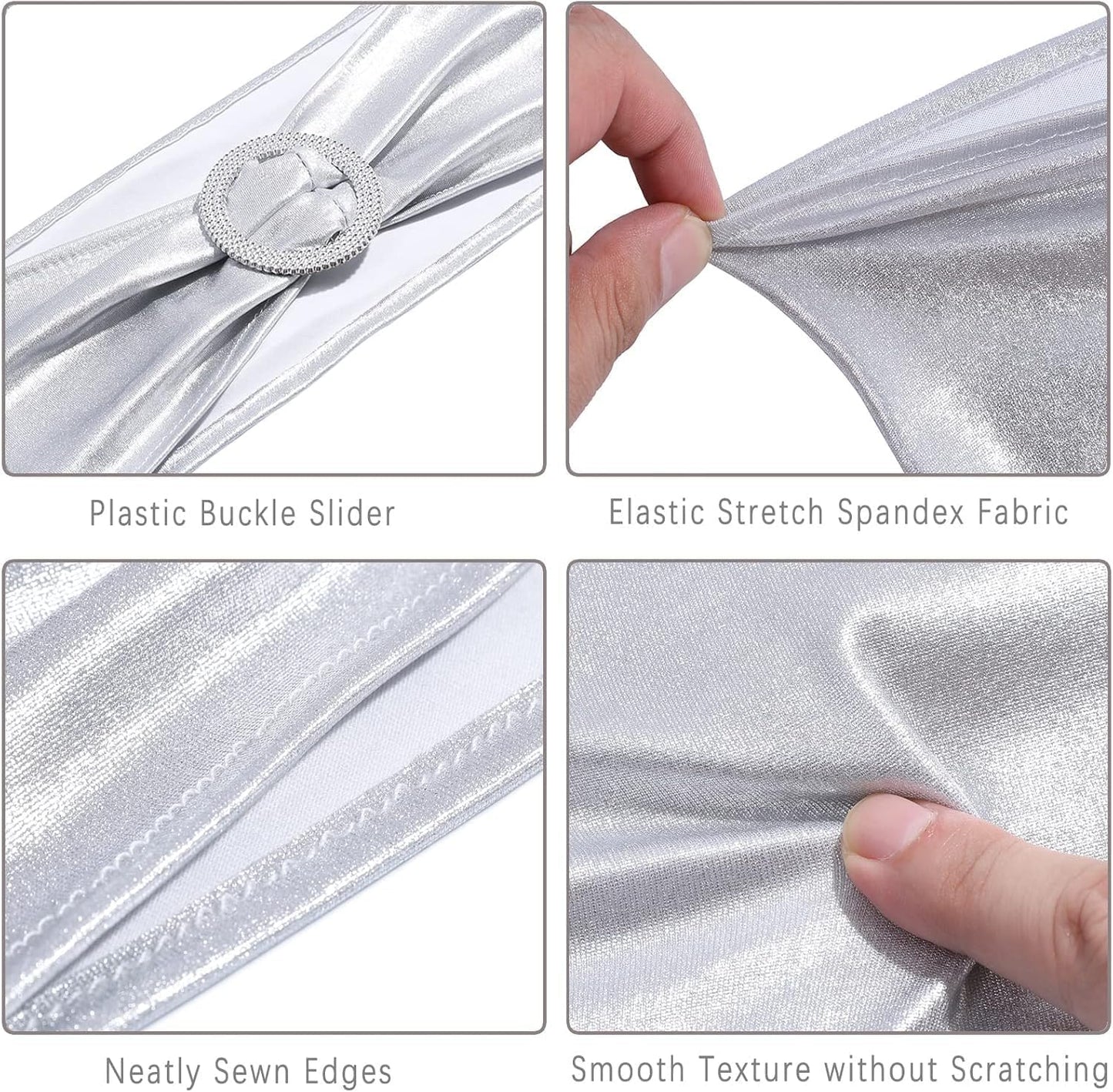 MDS Spandex Foil Chair Sashes - Universal Elastic Stretch Bands with Buckle for Weddings | Metallic Silver, Pack of 200