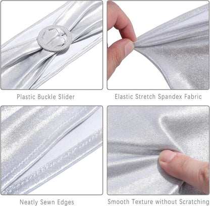 MDS Spandex Foil Chair Sashes - Universal Elastic Stretch Bands with Buckle for Weddings | Metallic Silver, Pack of 125