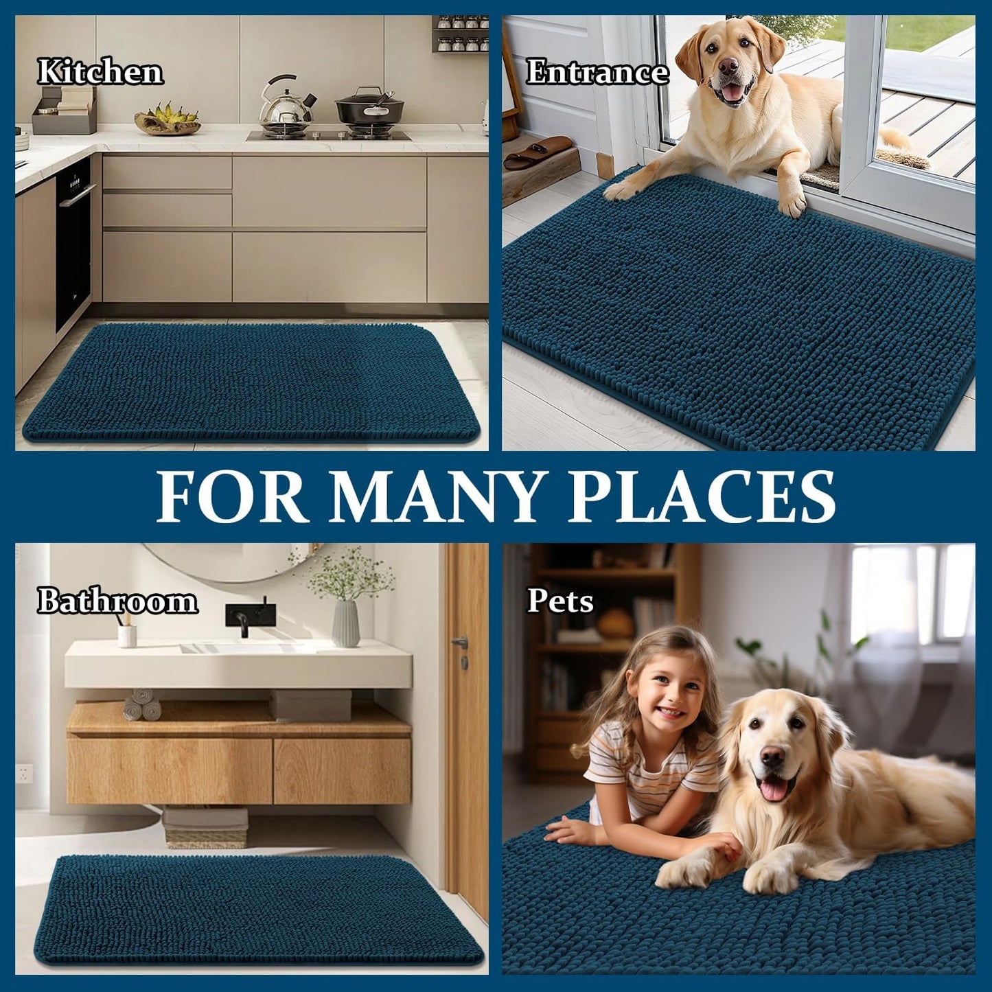 OLANLY Dog Door Mat - Absorbent Non-Slip Washable Doormat for Muddy Paws | 44x24, Atlantic Blue