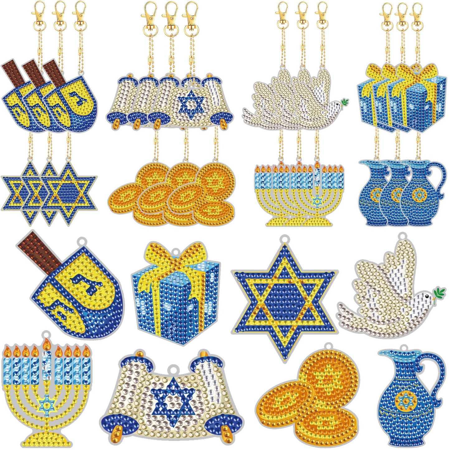Cinrobiye 24 Pcs Hanukkah Diamond Painting Keychains Kits Chanukkah 5D DIY Art Pendants Double Sided Hanging Ornaments Rhinestone Mosaic Making Set for Hanukkah DIY Party Favors Decor Supplies