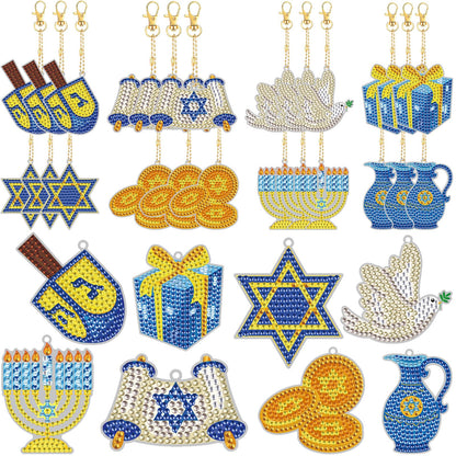 Cinrobiye 24 Pcs Hanukkah Diamond Painting Keychains Kits Chanukkah 5D DIY Art Pendants Double Sided Hanging Ornaments Rhinestone Mosaic Making Set for Hanukkah DIY Party Favors Decor Supplies