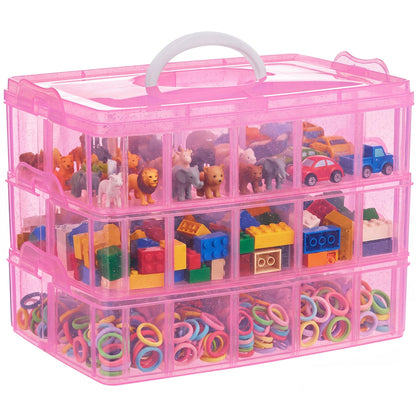 SGHUO Bead Organizers and Storage 3-Tier Pink Craft Container Stackable Box with Dividers for Art Supplies, Washi Tapes, Seed, Hair Accessories, Nail, 9.5X6.5X7.2in