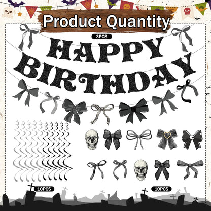 Lovarywow Black Bow Party Decorations - 13PCS Gothic Birthday Decorations, Skull Skeleton Goth Party Supplies for Girls Women, Black Bow Coquete Happy Birthday Banners Hanging Swirls