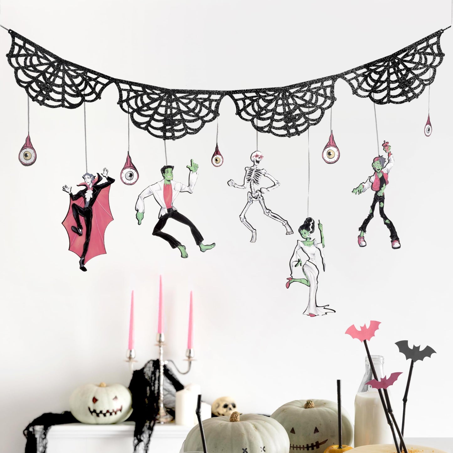 Cheerland Halloween Garland Skeleton Garland Spooky Banner Spider Web Halloween Banner Gothic Party Decorations Hanging Skeleton Monster Bash Birthday Skull Garland Monster Party Decorations