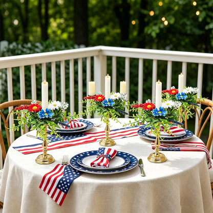 6 PCS Patriotic American Taper Candle Rings Wreaths 1.38" Mini 4th of July Floral Taper Candle Holder with Daisy Artificial Independence Day Table Centerpieces Wreath for Party Home Candlesticks Decor