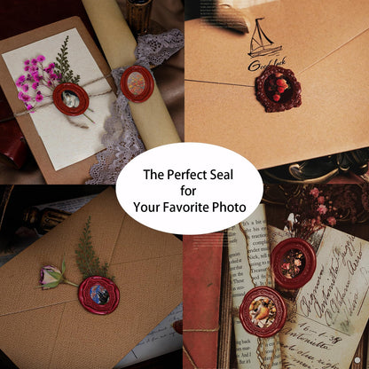 Andotopee 6-in-1 Vintage Embossed Frame Wax Seal Stamp Kit- Rectangle & Oval & Heart 3D Relief Photo Frame Seal Stamps with Wood Handle, Retro Sealing Wax Stamp for Wedding Invitations, Letters