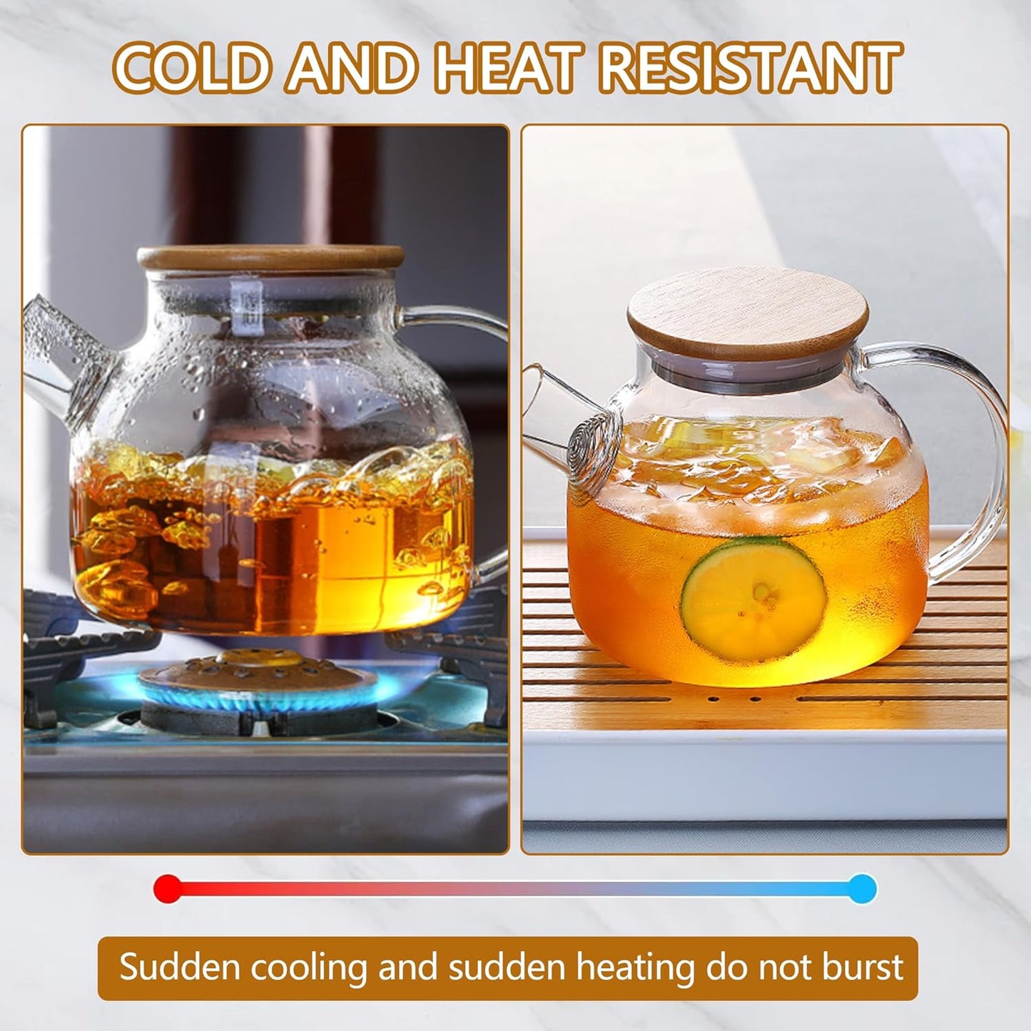 Glass Teapot Stovetop 34 OZ/1000ml, Borosilicate Clear Kettle with Bamboo Lid, Removable Stainless Steel Infuser