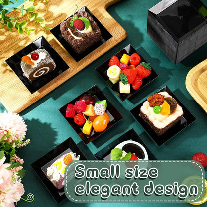 Zhehao 100 Pcs Plastic Dessert Appetizer Plates Disposable, 3.6 x 3.6 Inch Small Square Plastic Dessert Cake Snack Plate for Wedding Birthday Bridal Baby Shower All Occasion Party (Black)