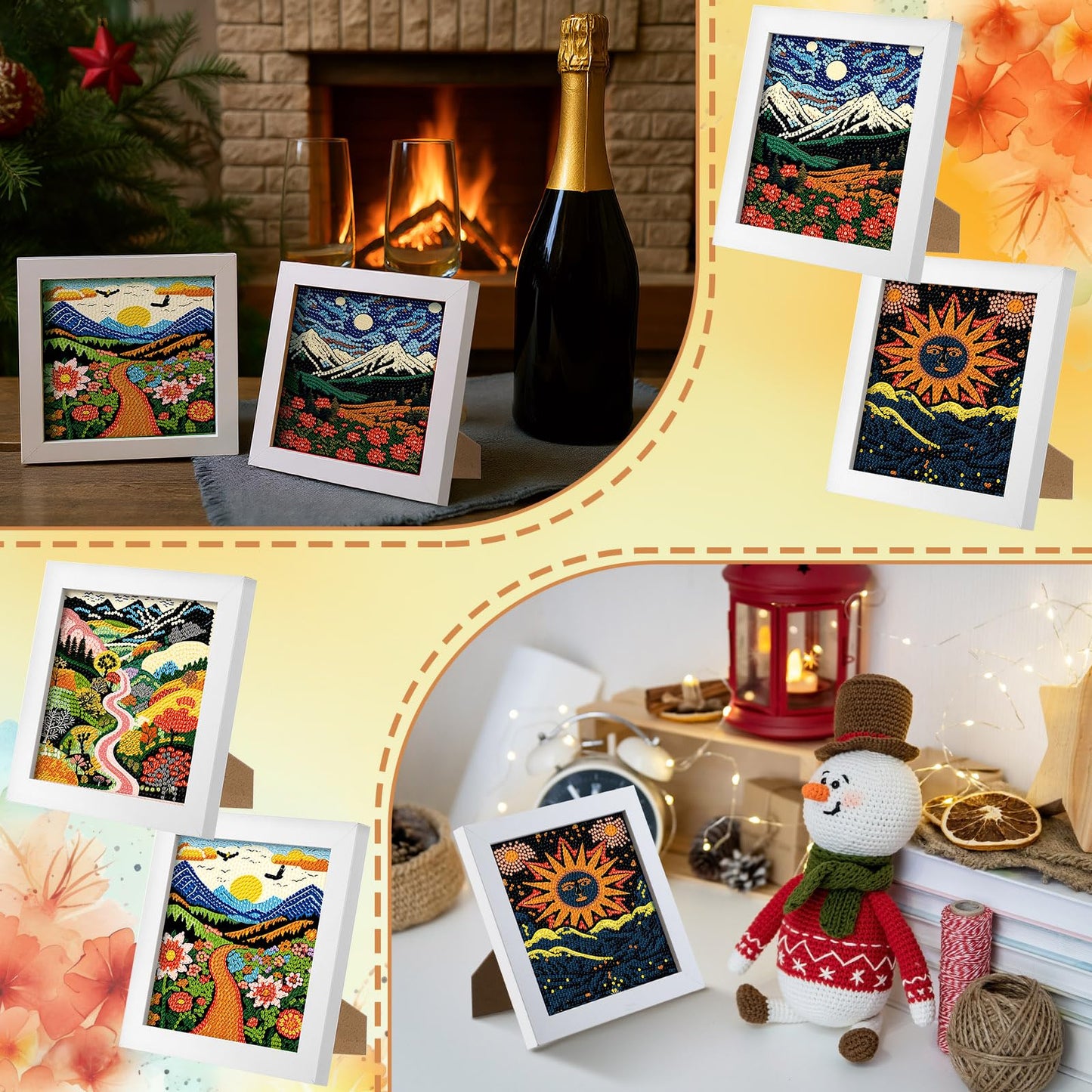 Geyoga 4 Pcs Boho Diamond Painting Kits with Frame Adults Sun and Moon Diamond Art Kits for Adults Beginner Kids Landscape Arts and Crafts Abstract Rhinestone Gem Art Table Decor Gift 7x7inch