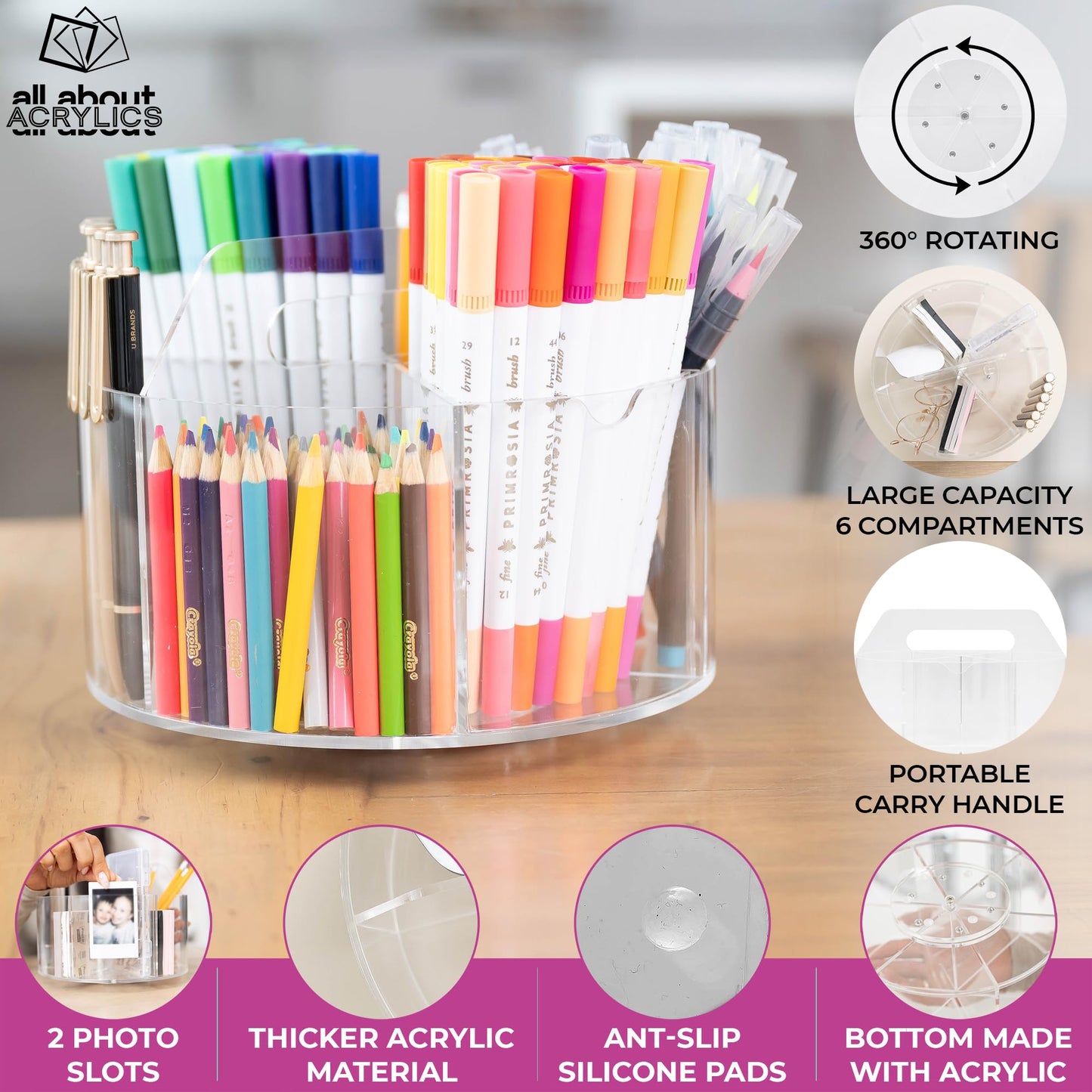 Acrylic Marker Organizer - Multipurpose 360 Rotating Holder for Pencil, Pen, Makeup Brushes, Crayon, Arts and Crafts Supplies - Clear Spinning Lazy Susan Non-Slip Organizing Caddy with Photo Slots