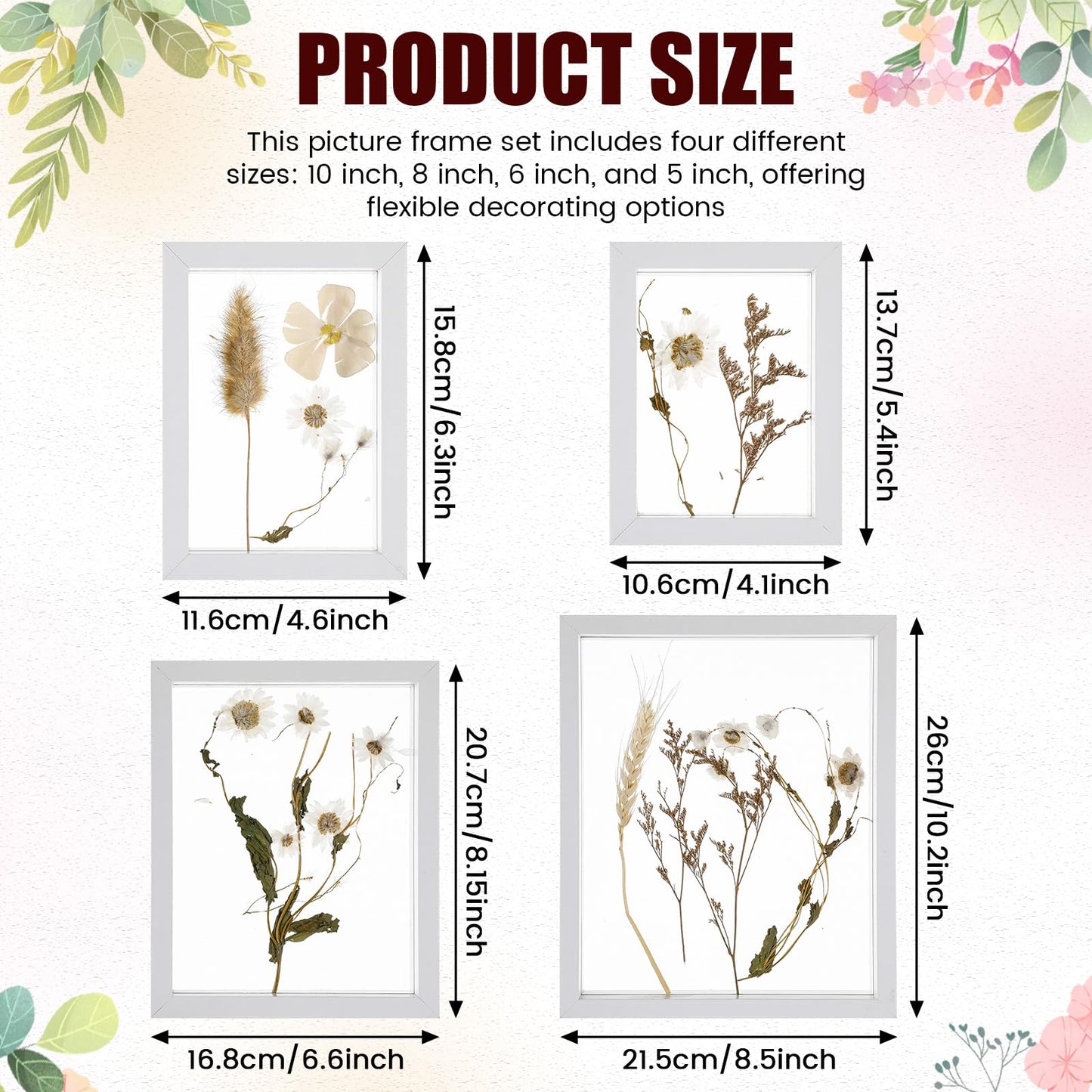 Fiwochic 4 Pack Pressed Flower Floating Picture Frames, 10, 8, 6, 5 Inch White Wooden Double Glass Pressed Flower Frames Wall Tabletop Display for Dried Flowers, Photos, Art, Birthday, Wedding Gift