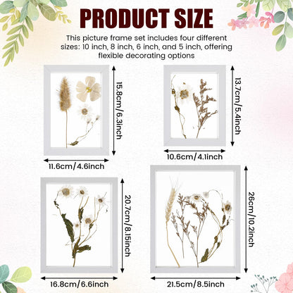 Fiwochic 4 Pack Pressed Flower Floating Picture Frames, 10, 8, 6, 5 Inch White Wooden Double Glass Pressed Flower Frames Wall Tabletop Display for Dried Flowers, Photos, Art, Birthday, Wedding Gift